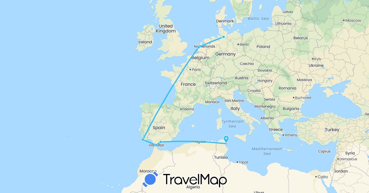 TravelMap itinerary: driving, boat in Germany, Spain, Netherlands, Portugal, Tunisia (Africa, Europe)